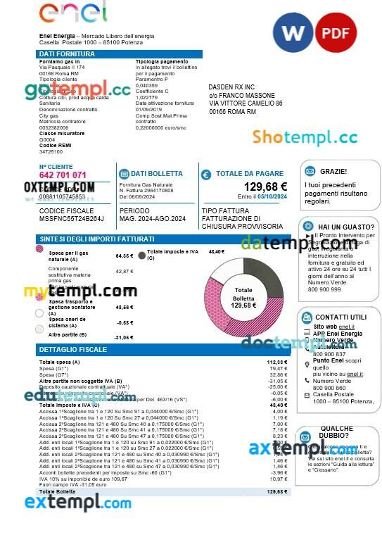 Italy Enel Energia business utility bill template in Word and PDF formats