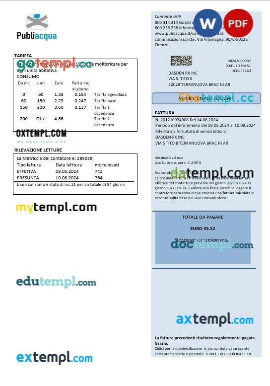 Italy Publiacqua business utility bill template in Word and PDF formats