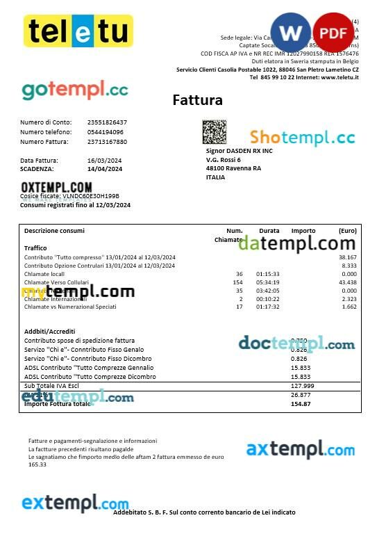 Italy TeleTu business utility bill template in Word and PDF formats