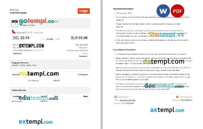 Ixigo + SpiceJet airplane e-ticket, Word and PDF download template, 2 pages