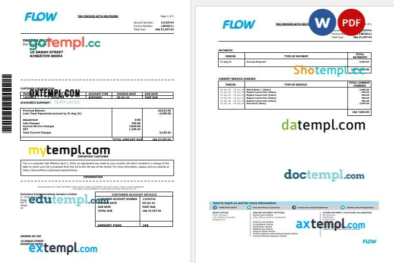 Jamaica Flow tax invoice cable and internet business utility bill Word and PDF template, 2 pages