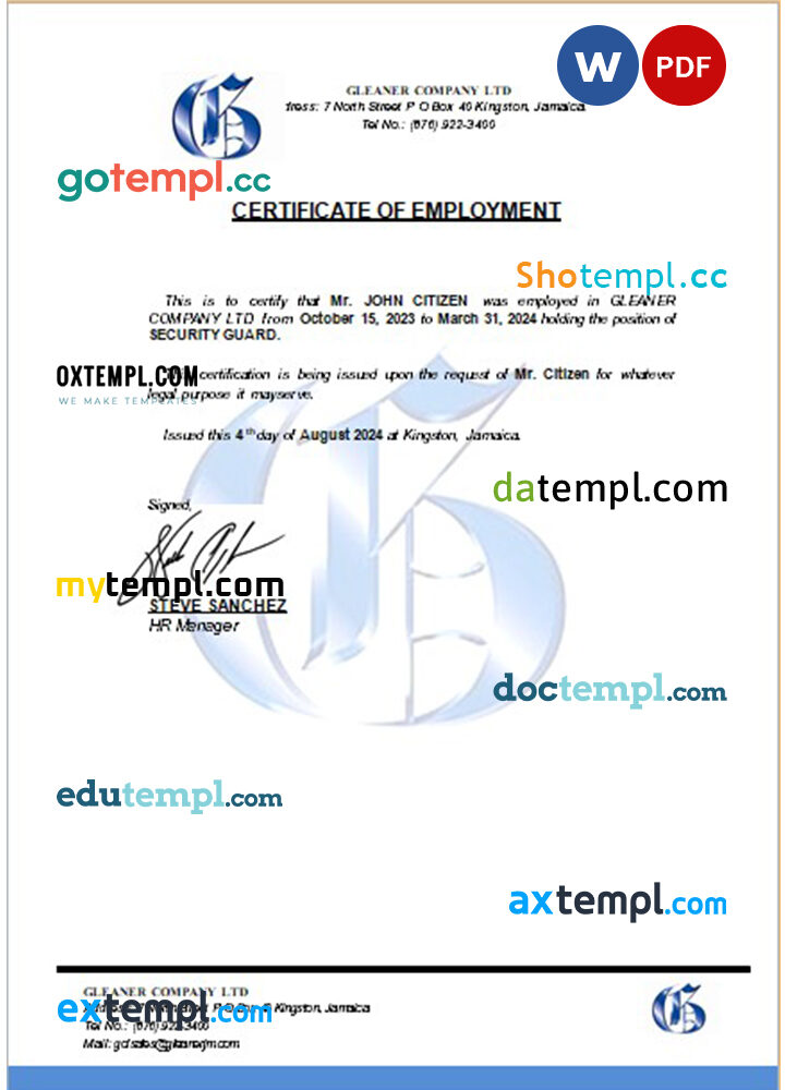 Jamaica Gleaner Company Ltd certificate of employment Word and PDF download template