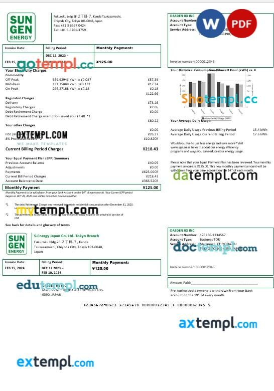 Japan S-Energy Japan Co. Ltd. Tokyo Branch business utility bill template in Word and PDF formats