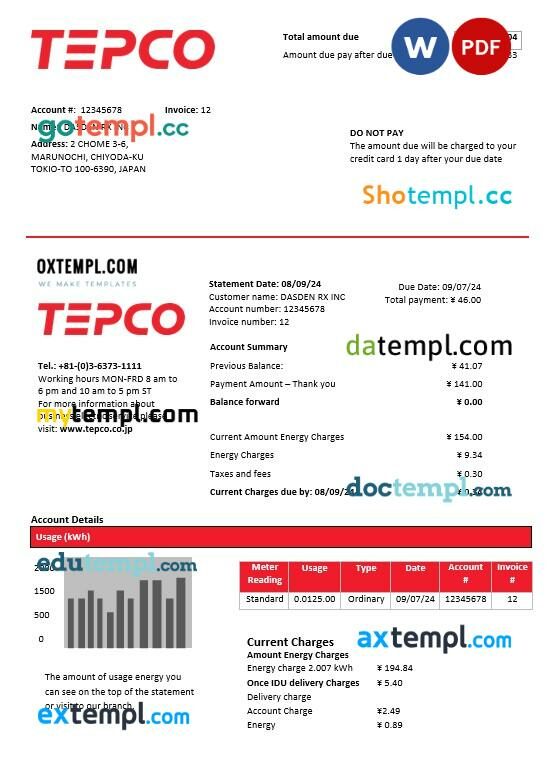 Japan Tokyo Electric Power Company electricity business utility bill template in Word and PDF formats