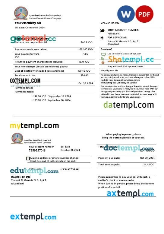 Jordan Jordanian Electric Power Co JEPCO electricity business utility bill template in Word and PDF formats