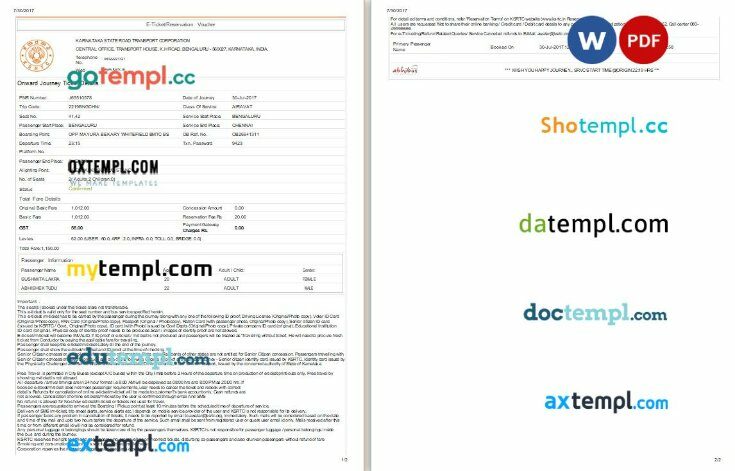 Karnataka State Road Transport Corporation bus e-ticket, Word and PDF download template, 2 pages, version 2