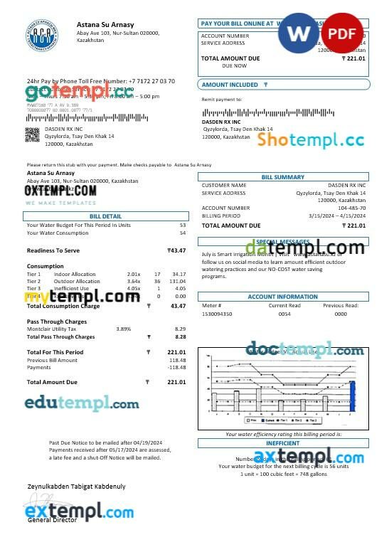 Kazakhstan Astana Su Arnasy business utility bill template in Word and PDF formats