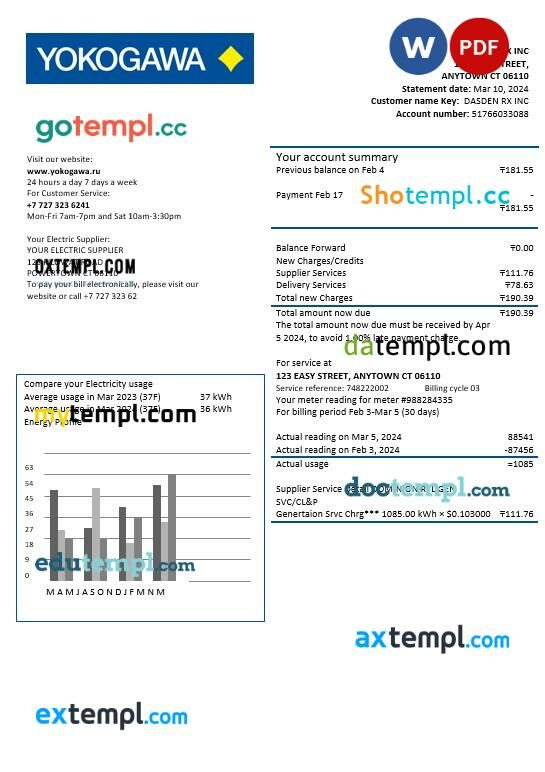 Kazakhstan Yokogawa Electric Kazakhstan business utility bill template in Word and PDF formats