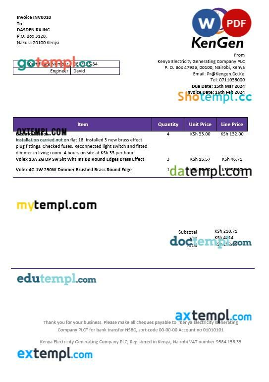 Kenya KenGen Electricity Generating Company business utility bill template in Word and PDF formats