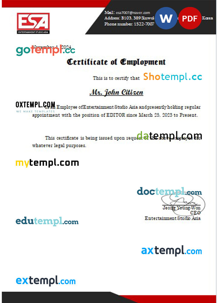 Korea Entertainment Studio Asia certificate of employment Word and PDF download template