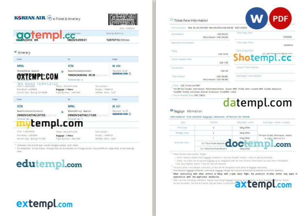 Abacus Korean Air airplane e-ticket, Word and PDF download template, 2 pages