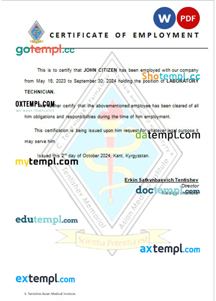 Kyrgyzstan Medical Institute certificate of employment Word and PDF download template