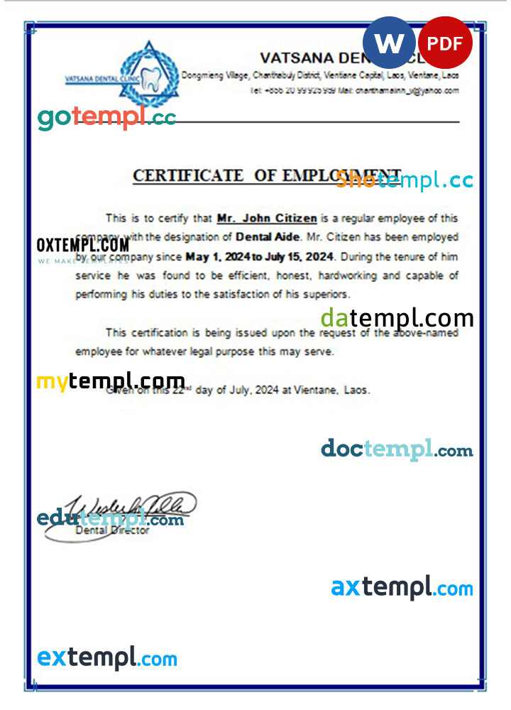 Laos Vatsana Dental Clinic certificate of employment Word and PDF download template