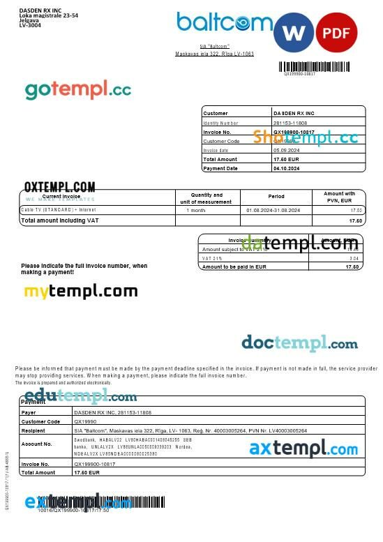 Latvia Baltcom telecommunications business utility bill template in Word and PDF formats (English version)