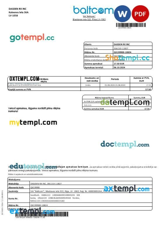 Latvia Baltcom telecommunications business utility bill template in Word and PDF formats (Latvian version)