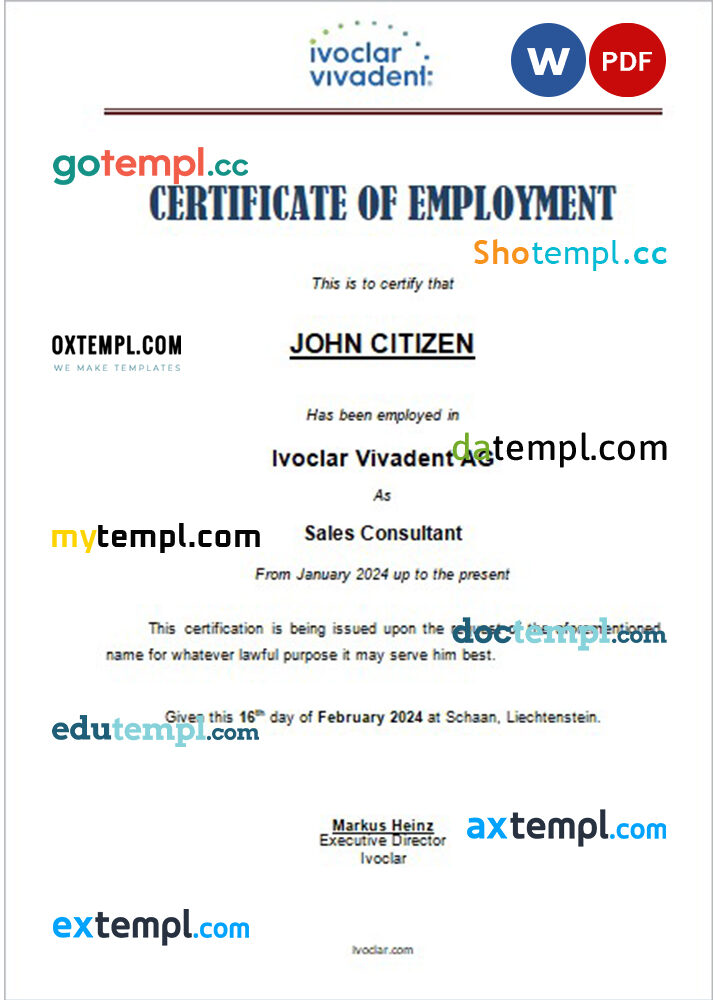 Liechtenstein Ivoclar Vivadent certificate of employment Word and PDF download template