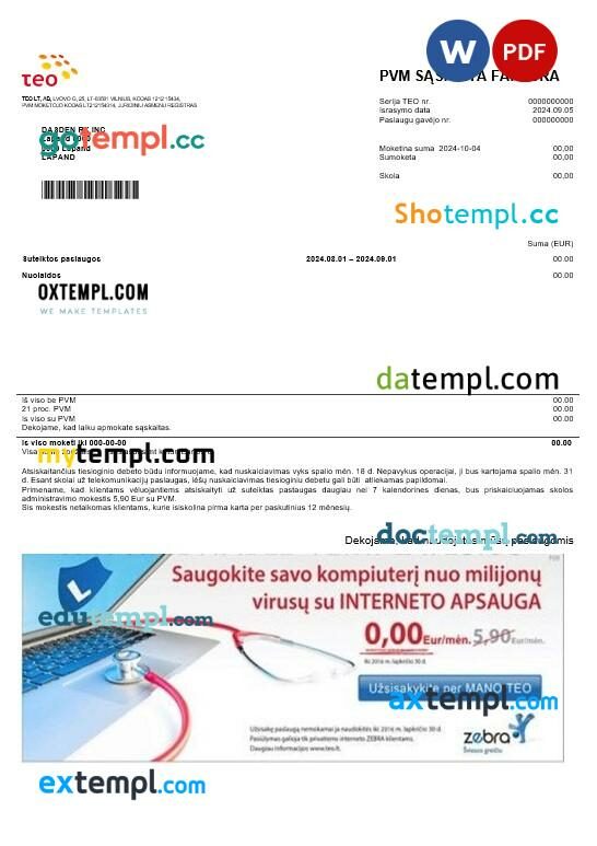 Lithuania Teo business utility bill template in Word and PDF formats