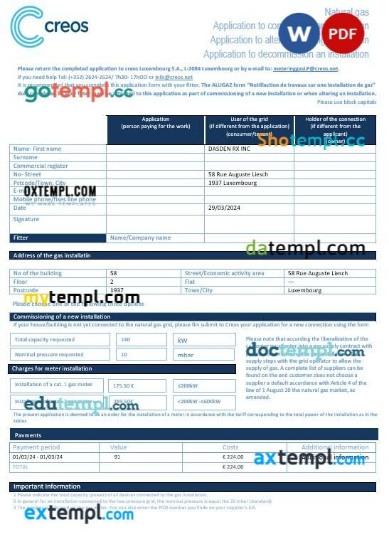 Luxembourg Creos gas business utility bill template in Word and PDF formats