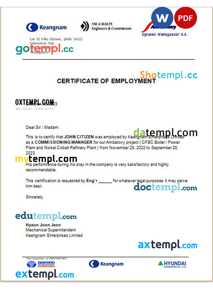 Madagascar Keangnam Enterprises Limited certificate of employment Word and PDF download template