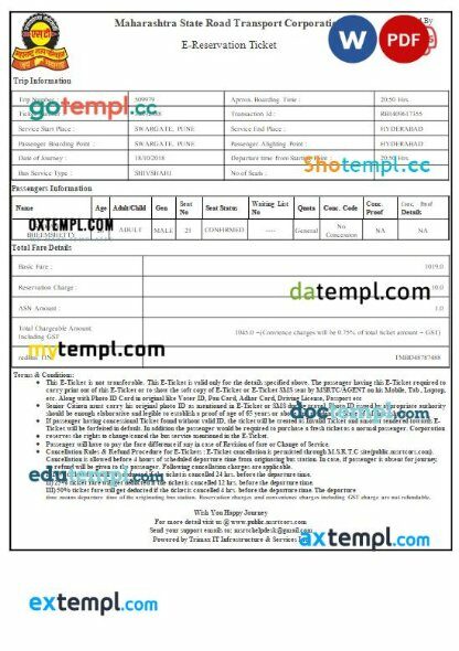 Maharashtra State Road Transport Corporation + RedBus e-ticket, Word and PDF download template