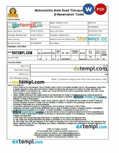 Maharashtra State Road Transport Corporation e-ticket, Word and PDF download template