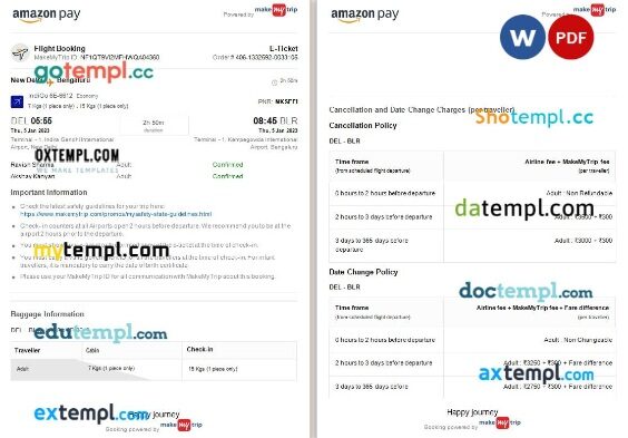 MakeMyTrip + AmazonPay airplane e-ticket, Word and PDF download template, 3 pages