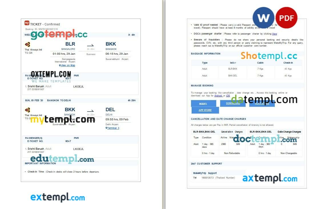 MakeMyTrip – Thai Airways Intl airplane e-ticket, Word and PDF download template, 3 pages