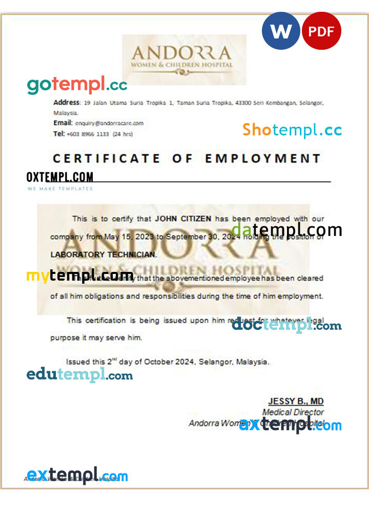 Malaysia Andorra Women and Children Hospital certificate of employment Word and PDF download template