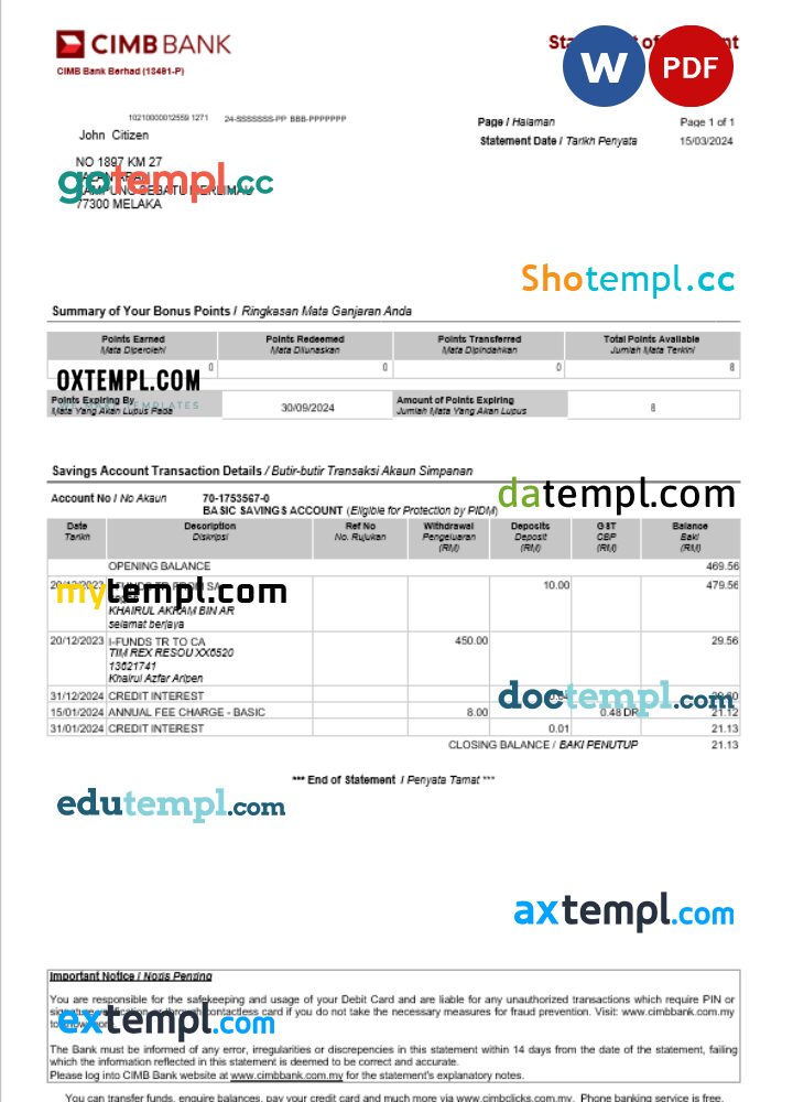 Malaysia CIMB Bank statement Word and PDF template