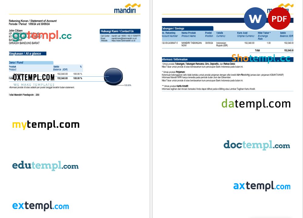 Malaysia Koran-Mandiri bank statement Word and PDF template, 4 pages, version 2