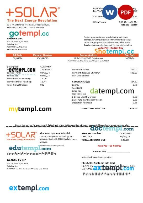 Malaysia Plus Solar Systems Sdn Bhd business utility bill template in Word and PDF formats