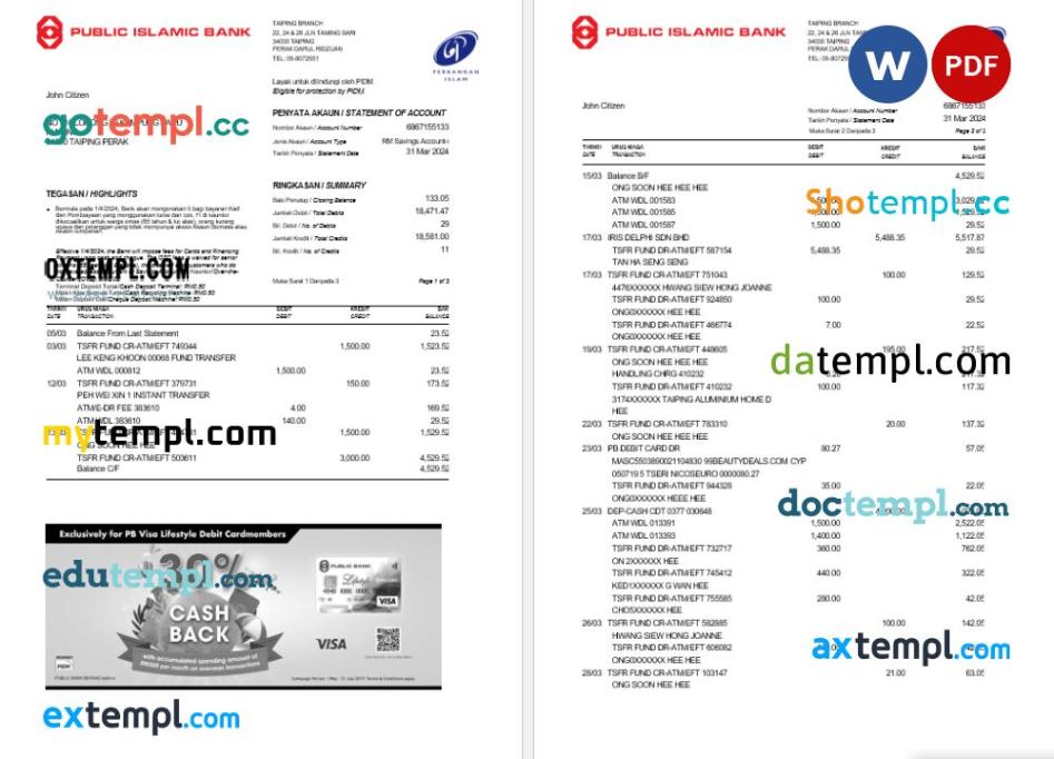 Malaysia Public Islamic Bank Berhad bank statement Word and PDF template, 3 pages