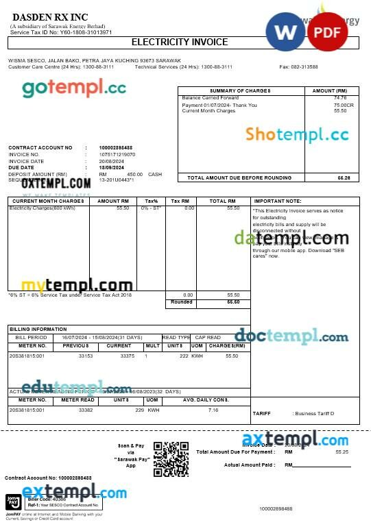 Malaysia Sarawak Energy business utility bill Word and PDF template