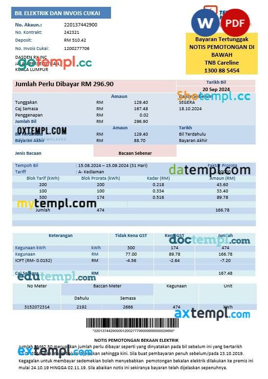 Malaysia Tenaga Nasional electricity business utility bill template in Word and PDF formats