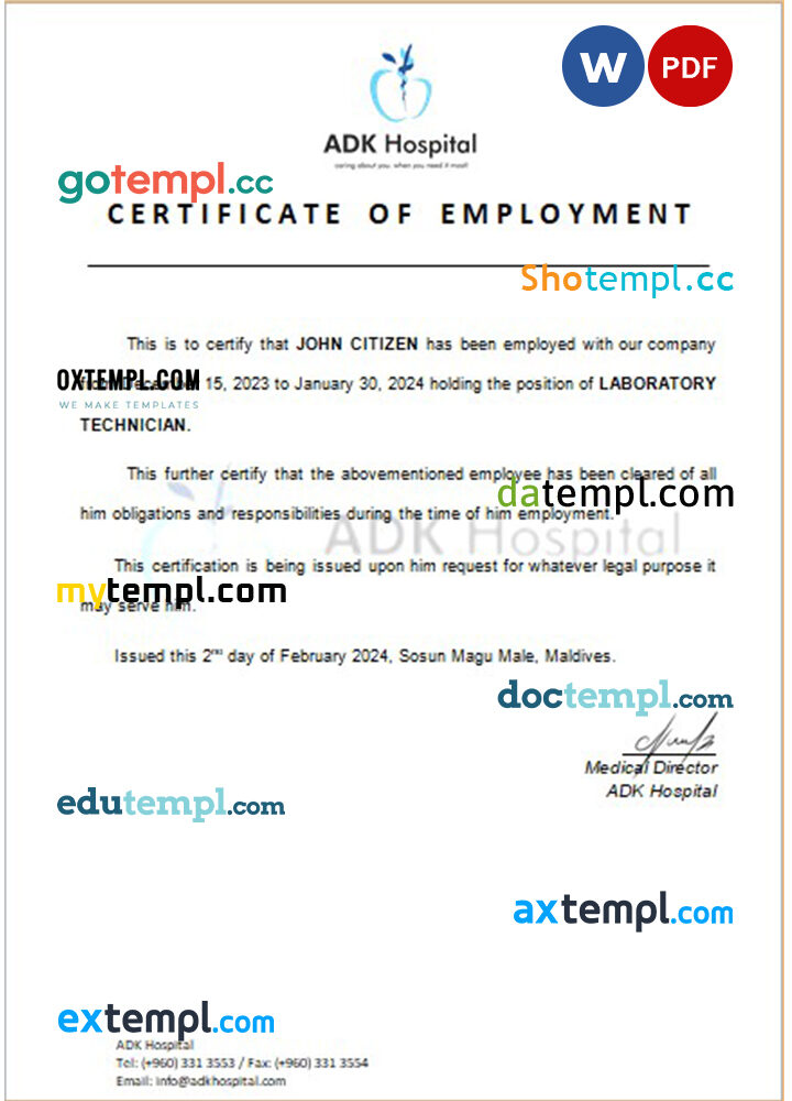 Maldives ADK Hospital certificate of employment Word and PDF download template