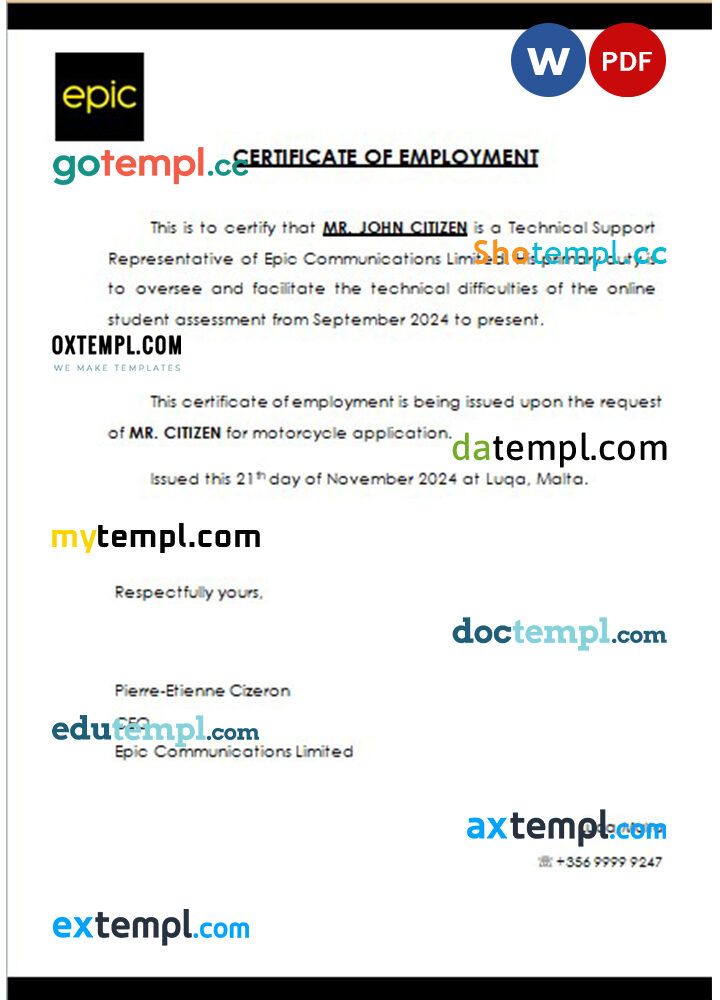 Malta Epic Communications Limited certificate of employment Word and PDF download template