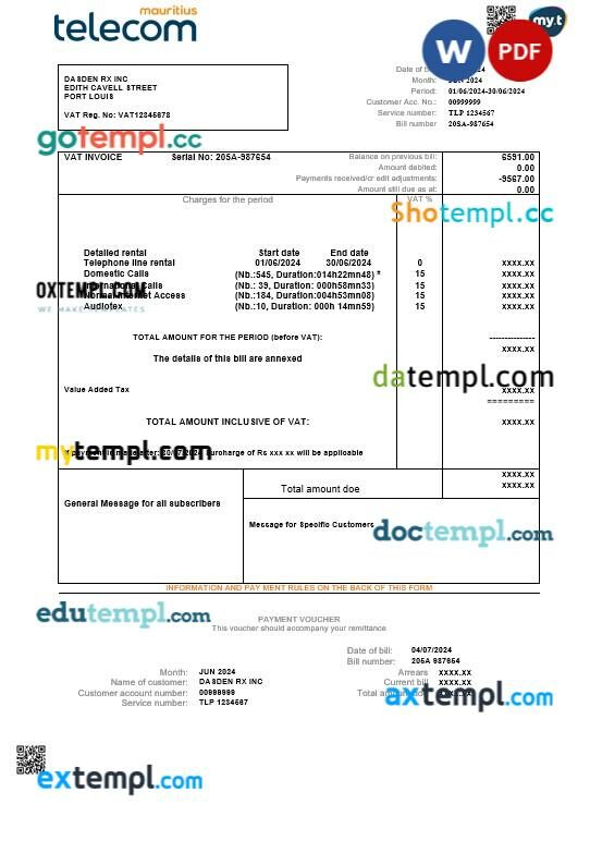 Mauritius Telecom Mauritius business utility bill template in Word and PDF formats