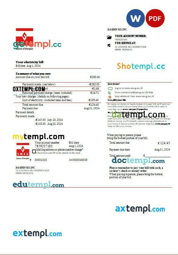 Monaco SMEG electricity business utility bill template in Word and PDF formats