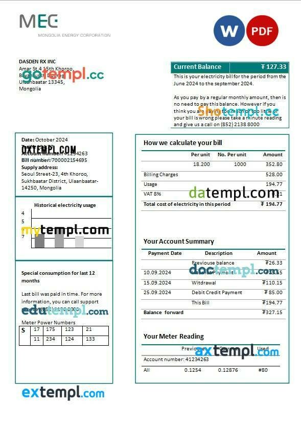 Mongolia Energy Corporation (MEC) electricity business utility bill template in Word and PDF formats