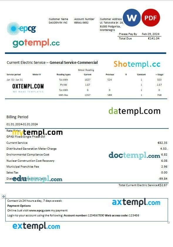 Montenegro Elektroprivreda Crne Gore (EPCG) electricity business utility bill template in Word and PDF formats