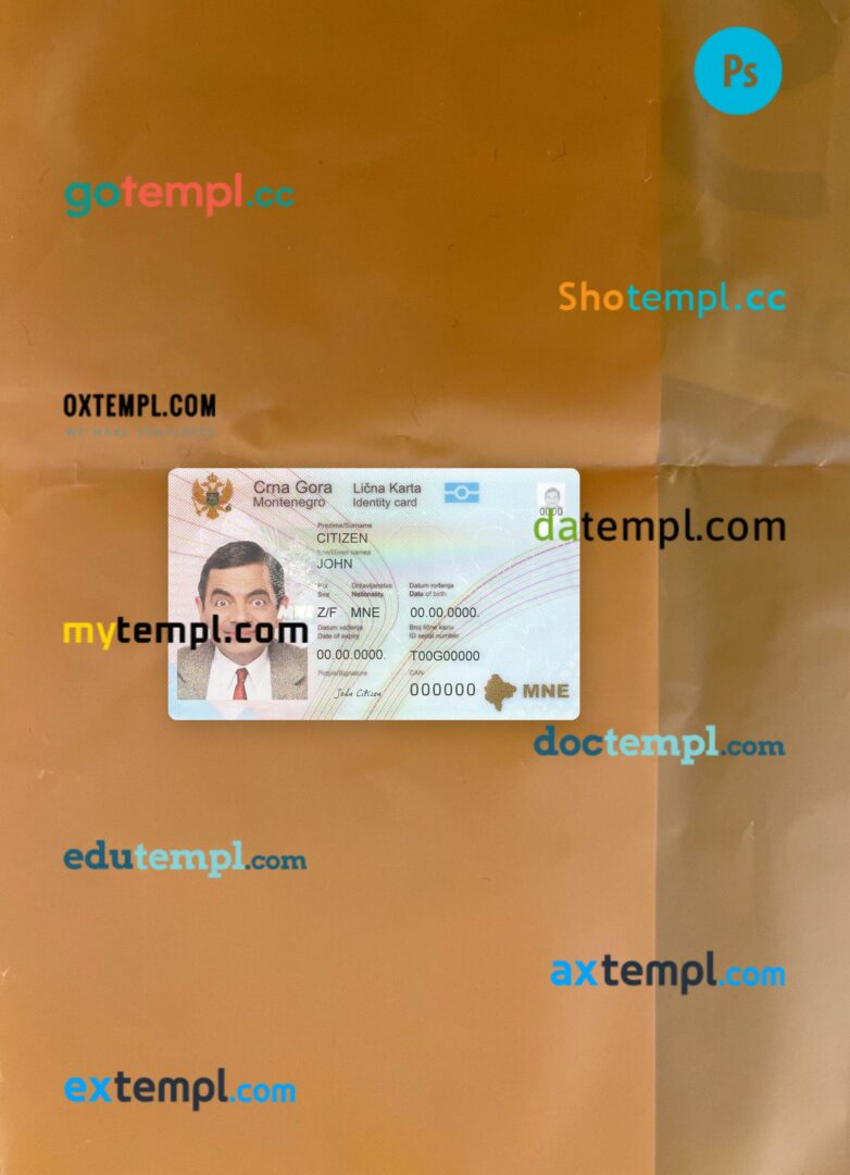 Montenegro ID card editable PSDs, scan and photo-realistic snapshot, 2 in 1