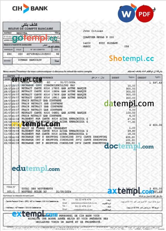 Morocco CIH-Releve bank statement Word and PDF template