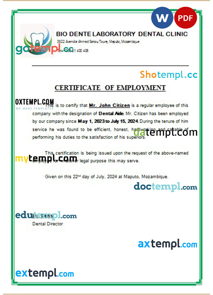 Mozambique Biodente Laboratory Dental Clinic certificate of employment Word and PDF download template