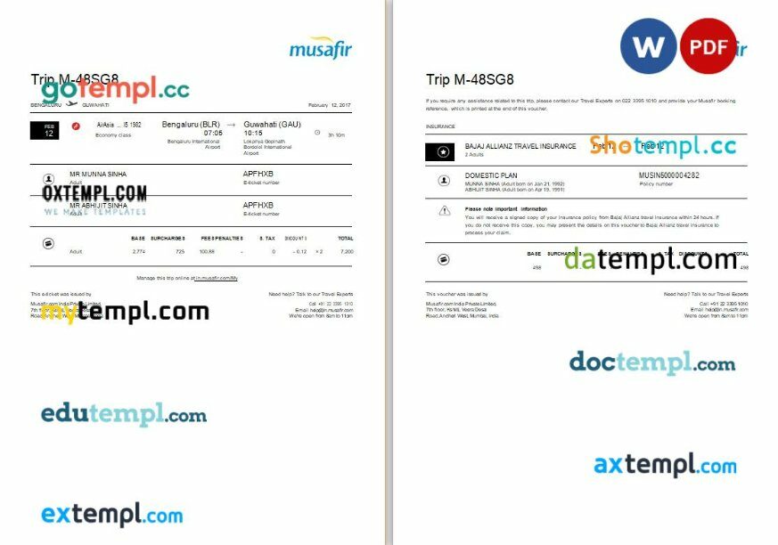 Musafir – AirAsia airplane e-ticket, Word and PDF download template, 2 pages