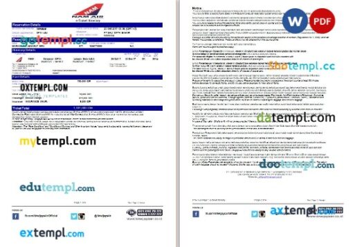 NAM Air airplane e-ticket, Word and PDF download template, 4 pages