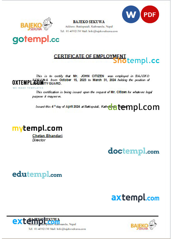 Nepal Bajeko Sekuwa certificate of employment Word and PDF download template