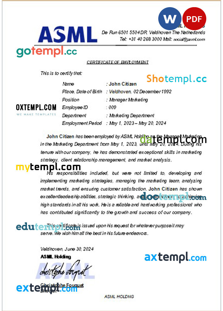 Netherlands ASML Holdng certificate of employment Word and PDF download template