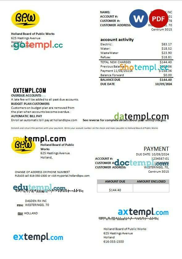 Netherlands BPW business utility bill template in Word and PDF formats