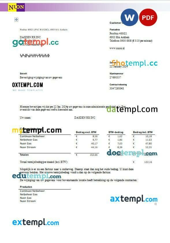 Netherlands NUON gas business utility bill template in Word and PDF format in Dutch language