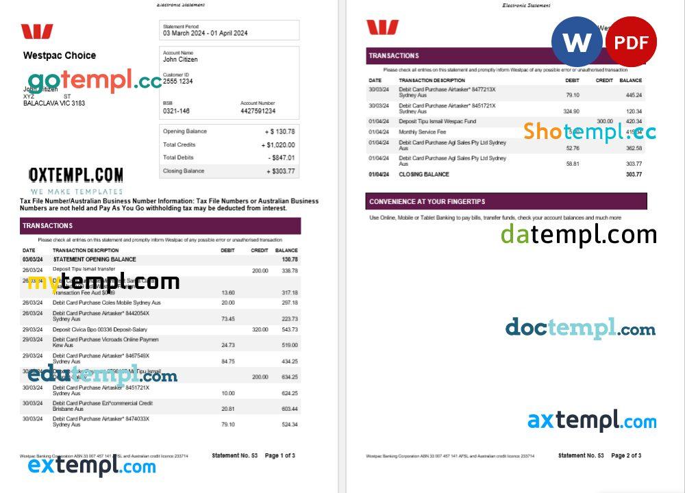 New Zealand Westpac bank statement Word and PDF template, 3 pages